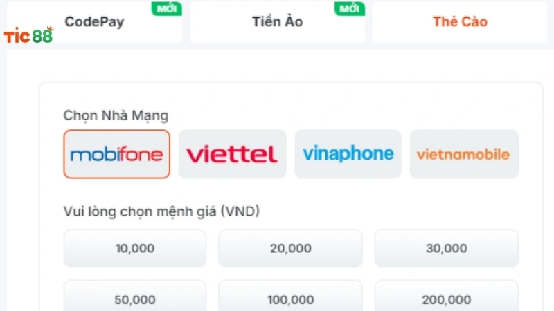 Nạp tiền Tic88 qua hình thức thẻ cào
