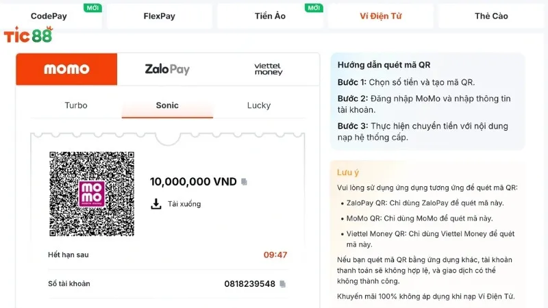 Nạp tiền Tic88 qua hình thức ví điện tử