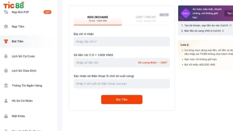 Rút tiền Tic88 qua Coin12