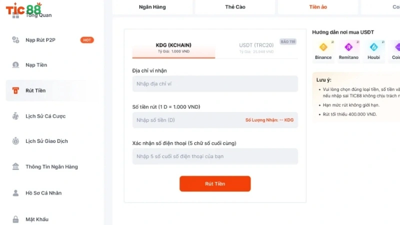 Rút tiền Tic88 qua Tiền ảo